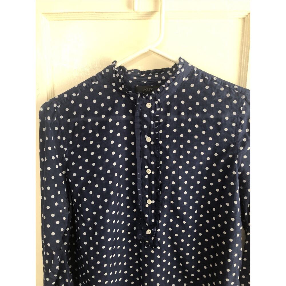 J Crew Blue White Polka Dot Long Sleeve Button Up Top Silk Blend Semi Sheer 8 - Picture 2 of 7
